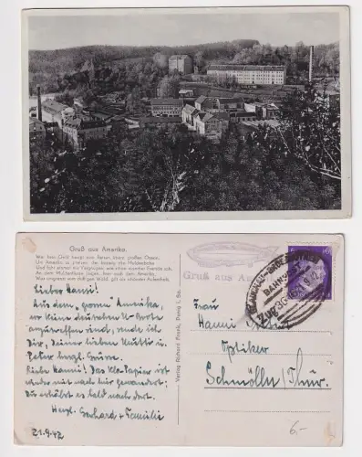 21765 Ak Gruß aus Amerika i. Sachsen bei Penig mit Stempel Zeppelin 1942