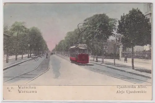 90836 Ak Warschau Warszawa Ujazdowska Allee mit Straßenbahn um 1910