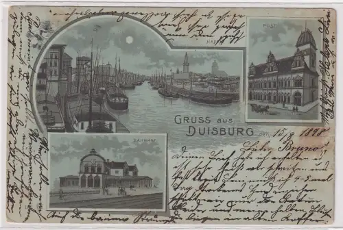 34831 Mondschein Ak Gruss aus Duisburg Post Bahnhof Hafen 1898