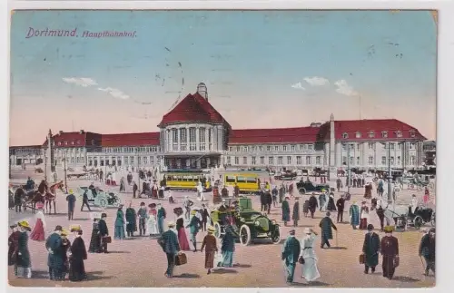 44159 Ak Dortmund Hauptbahnhof mit Verkehr und Menschen davor 1914