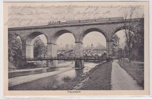 56913 AK Traunstein - Eisenbahnbrücke vor Ortspanorama 1920