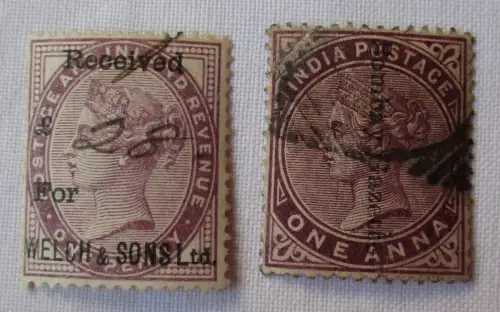 2 seltene alte Briefmarken Indien gestempelt (108844)