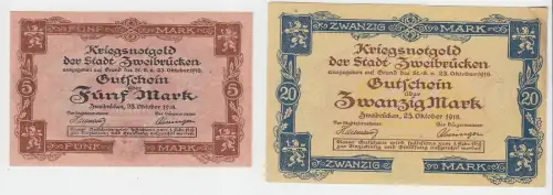 5 und 20 Mark Banknoten Kriegsnotgeld Stadt Zweibrücken 1918 (108659)