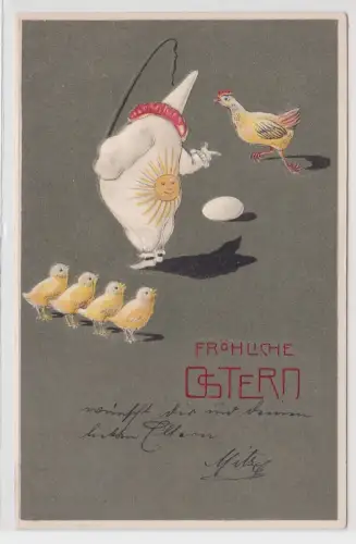 55542 Präge AK Fröhliche Ostern Clown mit Sonne Henne Kücken und Ei 1909