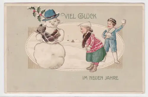 59423 Präge AK Viel Glück im neuen Jahre Kinder und Schneemann mit Teddy 