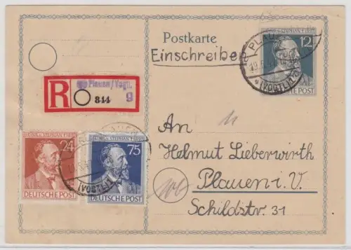 96148 Einschreiben Ganzsachenkarte SBZ Plauen im Vogtland 15.5.1947