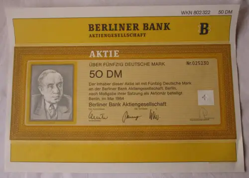 50 DM Mark Aktie Berliner Bank AG Berlin Mai 1984 (100169)