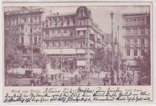 900223 Ak Gruß aus Berlin Café Bauer und Hotel Behrens zur Rush-Hour  1901