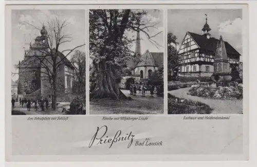 99379 AK Prießnitz bei Bad Lausick - Schulplatz mit Schloß, Kirch, Rathaus 1943