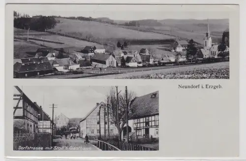 70087 AK Neundorf im Erzgebirge - Dorfstrasse mit Stoll's Gasthaus, Kirche 