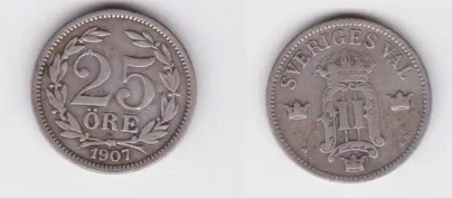 25 Öre Silber Münze Schweden 1907 ss (149310)