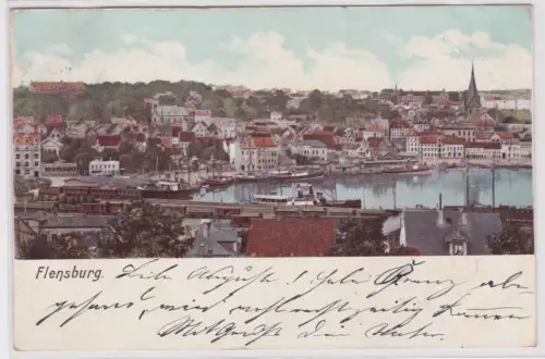 901595 AK Flensburg - Ortsansicht mit Hafenpartie und Kirche 1902