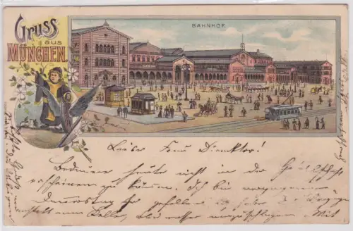 901587 AK Gruss aus München - Bahnhof mit Straßenbahn und Kutschen 1902