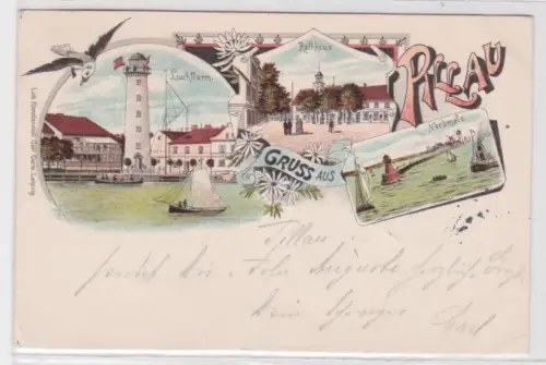 62234 Ak Lithographie Gruß aus Pillau Baltijsk Leuchtturm, Nordmole usw. 1898