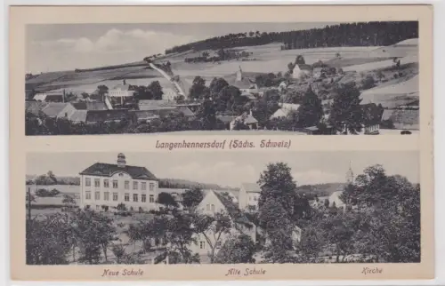 900831 Mehrbild Ak Langenhennersdorf - Panorama, alte und neue Schule, Kirche 