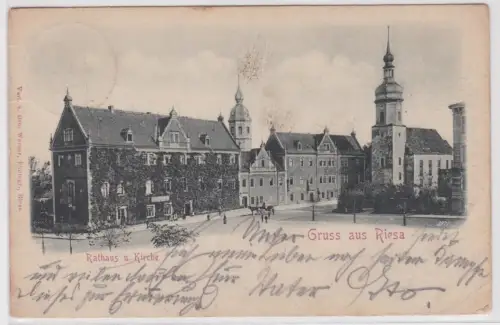 900107 Lithographie Ak Gruss aus Riesa - Rathaus und Kirche 1900