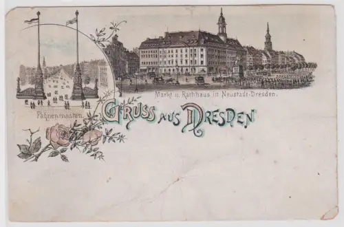 900112 Lithographie Ak Gruss aus Dresden - Fahnenmasten, Markt und Rathaus 