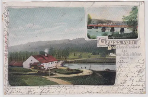 901119 Lithographie Ak Gruss vom Brückenfischer bei Kloster Schäftlarn Isarthal 