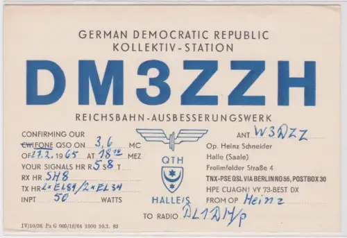 99265 QSL Karte Funker Funkamateur DDR Halle Reichsbahn Ausbesserungswerk 1965