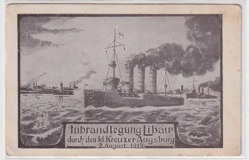 05271 AK Inbrandlegung Libaus durch den kleinen Kreuzer Augsburg 2. August 1914