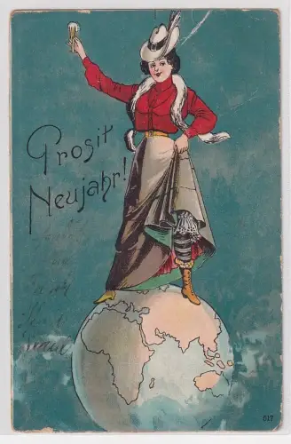 07623 Ak Prosit Neujahr Frau auf Weltkugel 1909