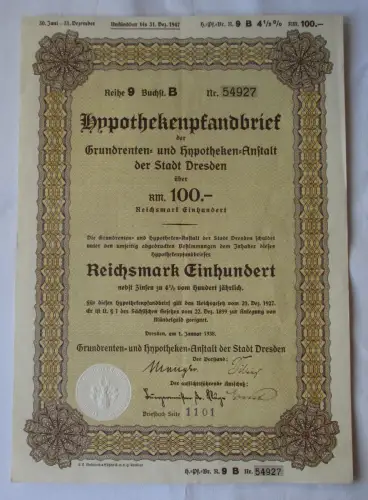 100 RM Hypothekenpfandbrief Grundrenten-& Hypotheken-Anstalt Dresden (104104)