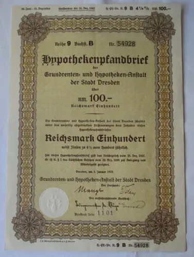 100 RM Hypothekenpfandbrief Grundrenten-& Hypotheken-Anstalt Dresden (101576)