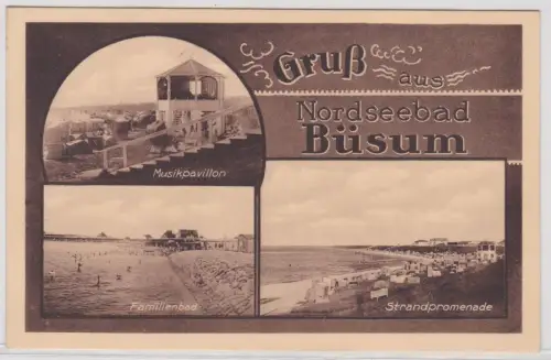 900996 AK Gruß aus Nordseebad Büsum -Musikpavillon, Familienbad, Strandpromenade