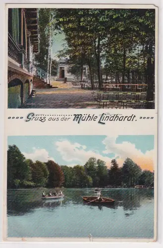 55993 AK Gruss aus der Mühle Lindhardt (Naunhof) mit Seepartie 1914