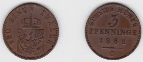 3 Pfennige Kupfer Münze Preussen 1868 C  f.vz (150052)