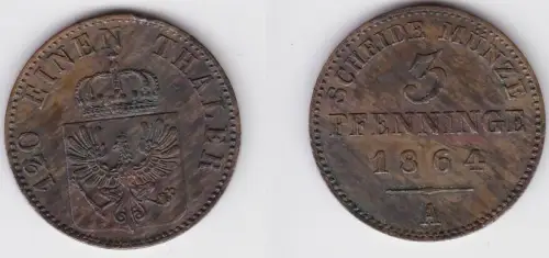 3 Pfennige Kupfer Münze Preussen 1864 A f.vz (150069)