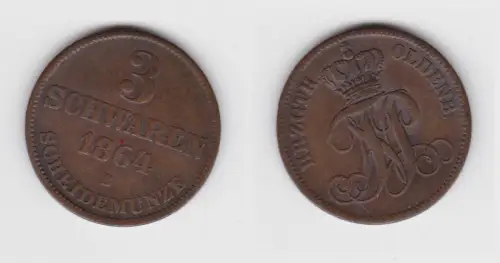 3 Schwaren Kupfer Münze Herzogtum Oldenburg 1864 B ss  (151419)