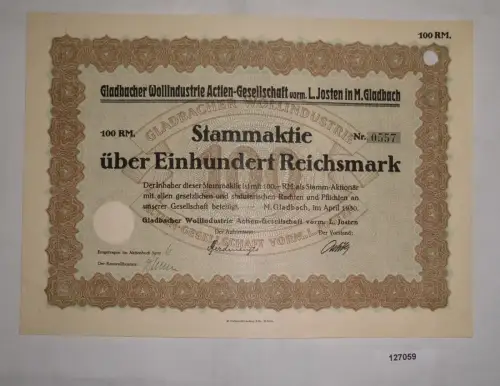 100 Deutsche Mark Aktie Gladbacher Wollindustrie AG April 1930 (127059)