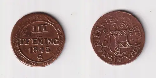 3 Pfennig Kupfer Münze Hansestadt Wismar 1845 ss+ (112789)