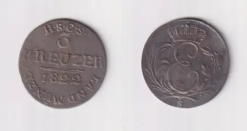 3 Kreuzer Billon Münze Sachsen Coburg Saalfeld 1822 ss (112901)