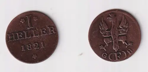 1 Heller Kupfer Münze Stadt Frankfurt 1821 ss (127141)