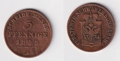 3 Pfennig Kupfer Münze Schwarzburg-Sondershausen 1858 A ss (136318)