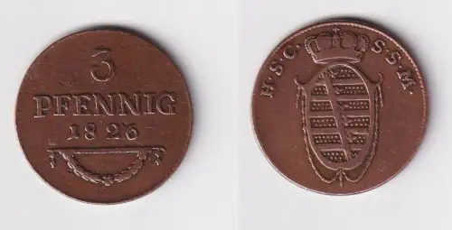 3 Pfennig Kupfer Münze Sachsen Coburg Saalfeld 1826 ss/vz (136437)