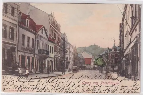 905504 AK Gruss aus Potschappel - Straßenansciht mit Geschäften 1901
