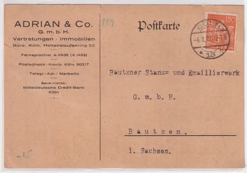 97634 Postkarte Zudruck Adrian & Co. Köln Vertretungen Immobilien 1922