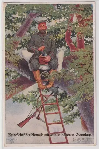 19252 Künstler Ak Militär Humor Soldat mit Kaffeemühle im Baum 1914