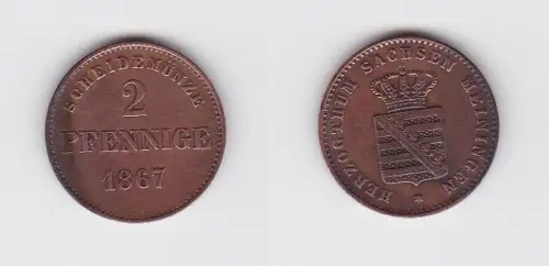 2 Pfennig Kupfer Münze Sachsen-Meiningen 1867 (130218)