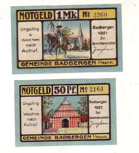 2 Banknoten 50 Pfennig 1 Mark Notgeld Gemeinde Badbergen 1921 (117036)
