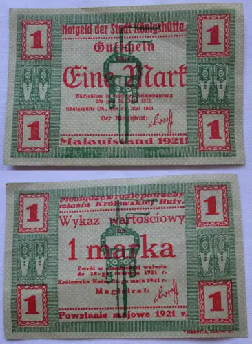 1 Mark Banknote Notgeld Stadt Königshütte Chorzów 1921 (109522)