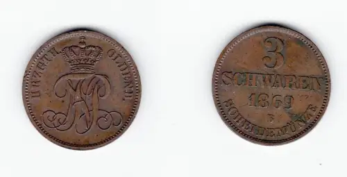 3 Schwaren Kupfer Münze Oldenburg Nicolaus Friedrich Peter 1869 B (127463)