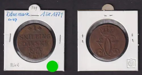 1 Skilling Kupfer Münze Dänemark 1771 K.M. ss (169210)