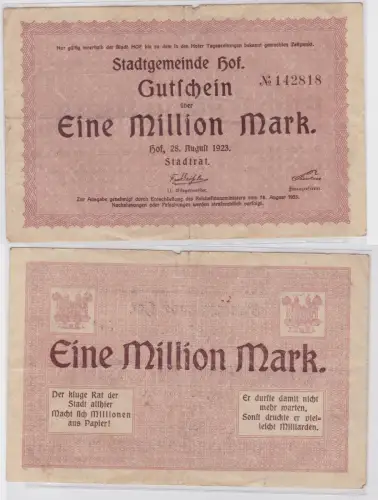 1 Million Mark Banknote Inflation Stadtgemeinde Hof 6.August 1923 (121822)