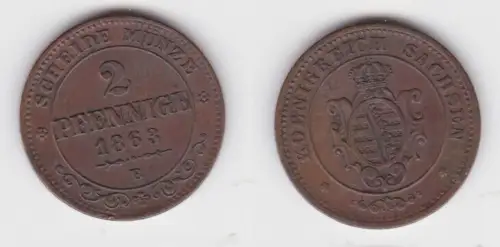 2 Pfennig Kupfer Münze Sachsen 1863 B ss (143590)