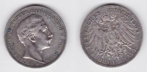 3 Mark Silbermünze Preussen Kaiser Wilhelm II 1909 A Jäger 103 ss (104502)