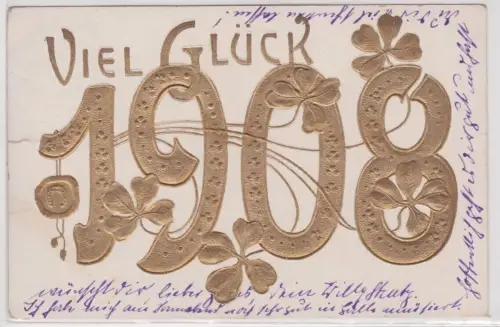 37714 Präge Neujahrs Ak Viel Glück mit Kleeblatt und Hufeisen 1908